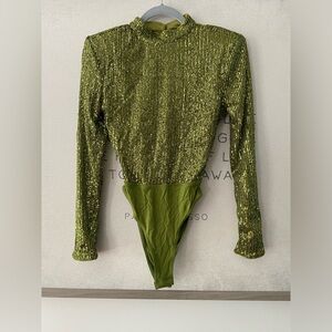 Shein green sequined backless body suit, small